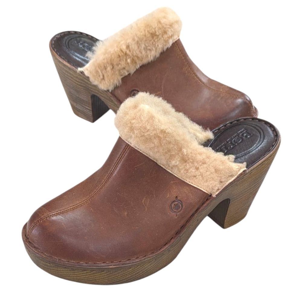 Born, Brown Shearling Leather Clogs. Size 9